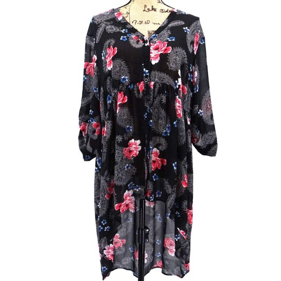 TORRID Tunic Dress Top Plus Size XL Hi Low‎ Hem Sheer Black Floral Babydoll Boho - Picture 1 of 8